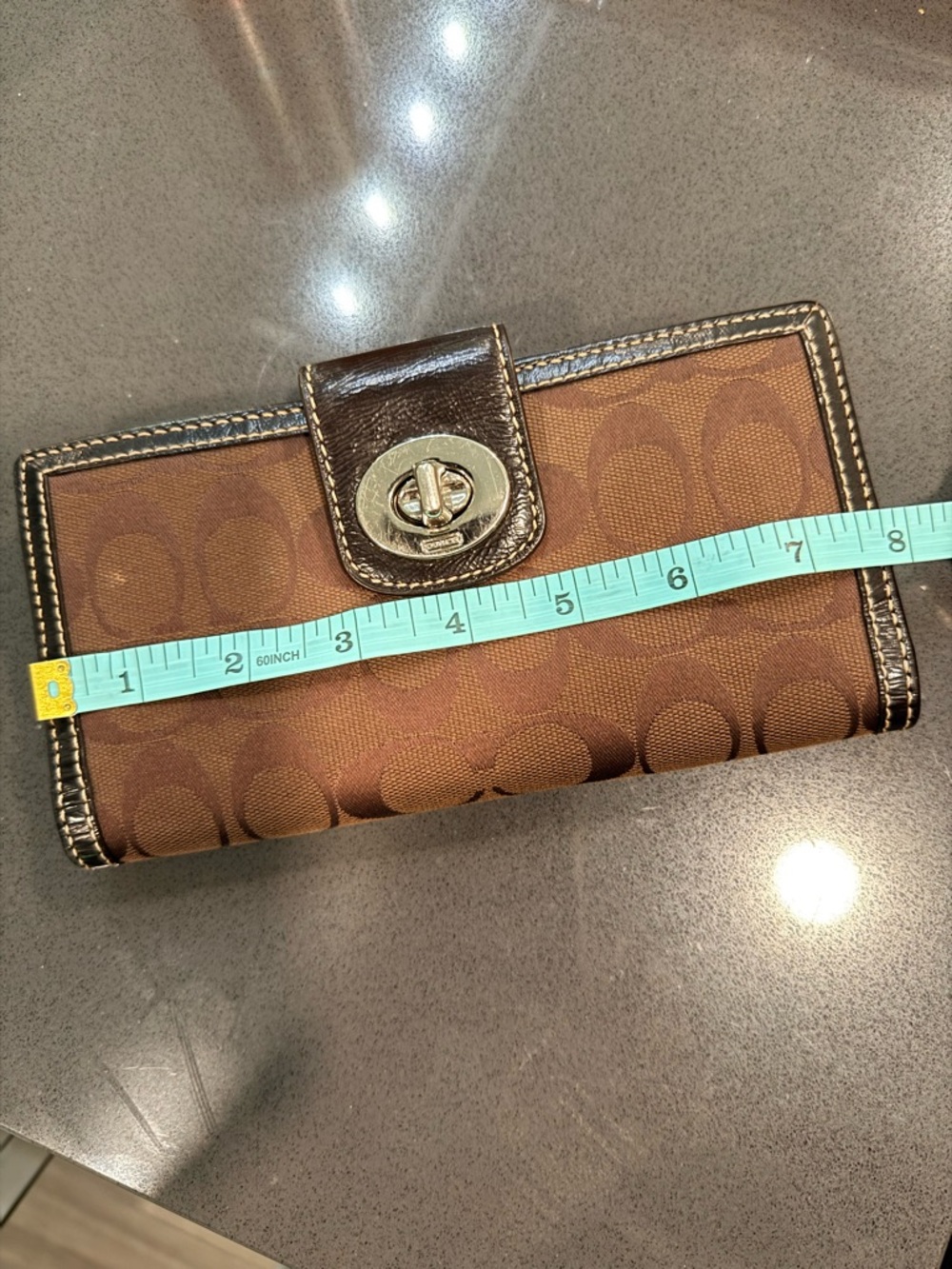 Vintage Coach Signature Brown Canvas Wallet Leather Trim Turnlock Closure - Picture 7 of 8